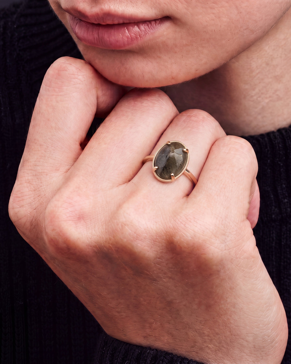Oval Stone Adjustable Open Ring-7
