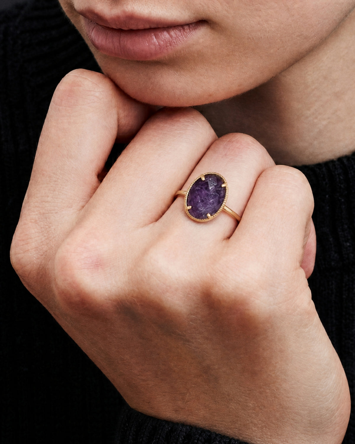 Oval Stone Adjustable Open Ring-3