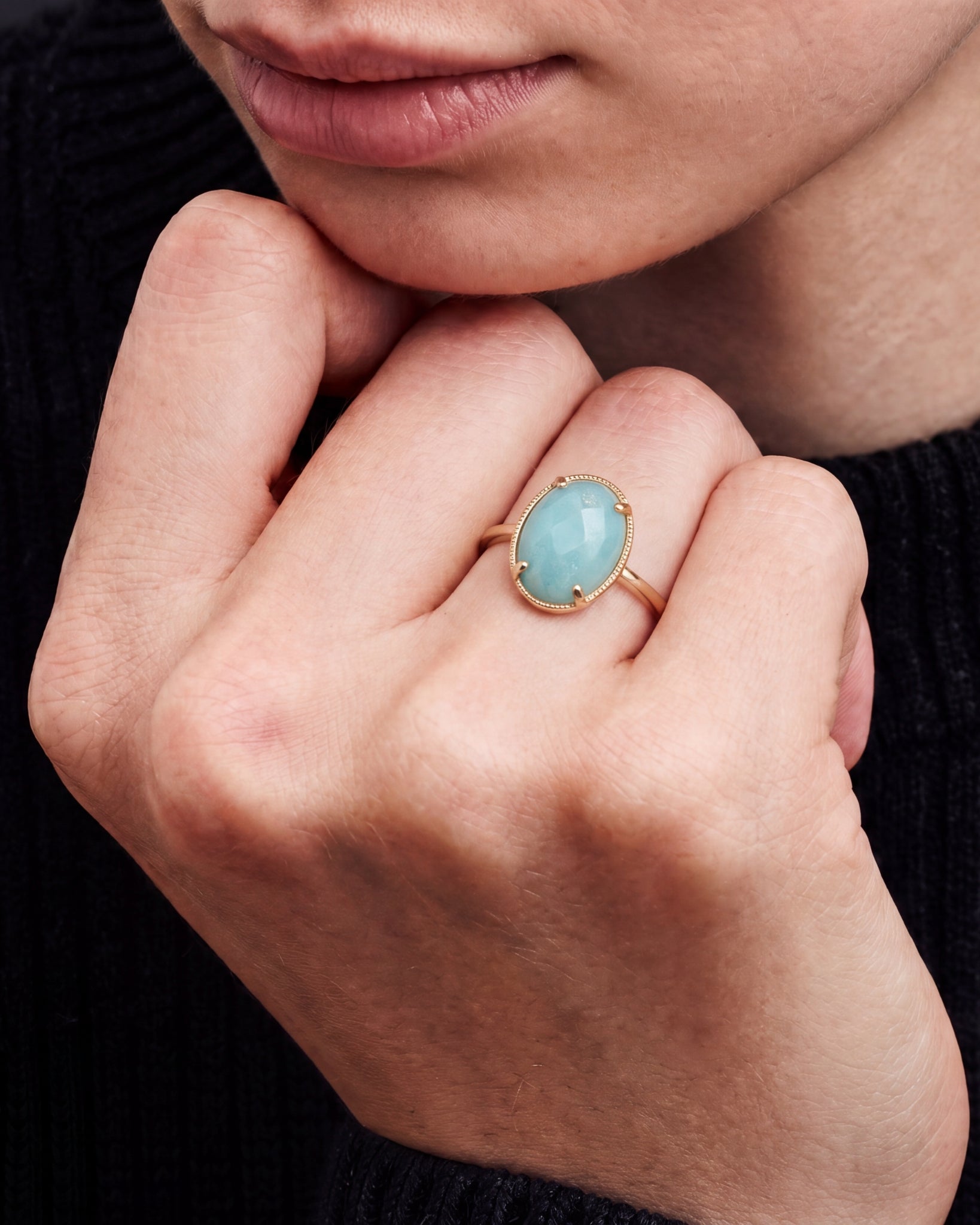 Oval Stone Adjustable Open Ring