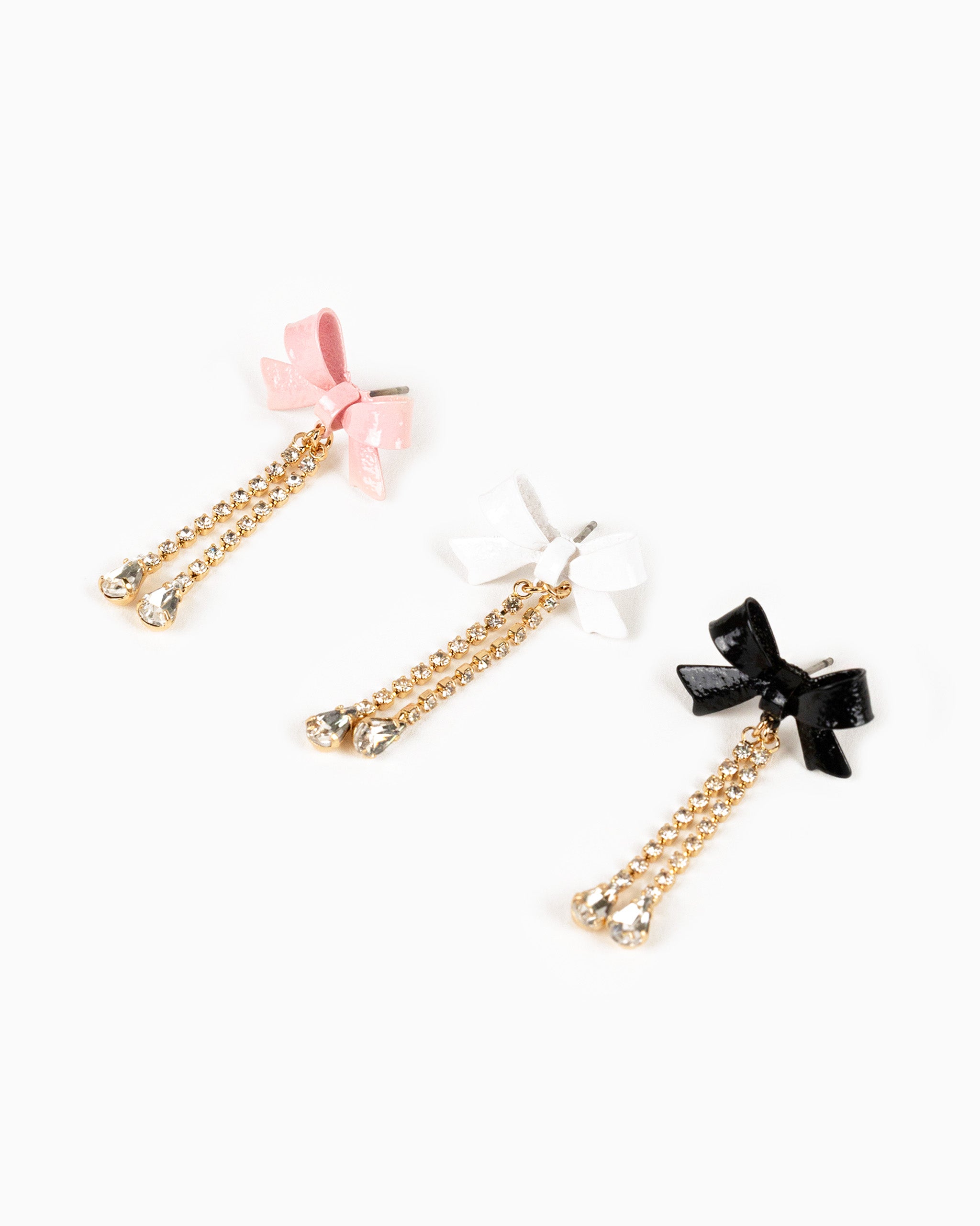 Lacquer Color Bow Rhinestone Chain Drop Earrings