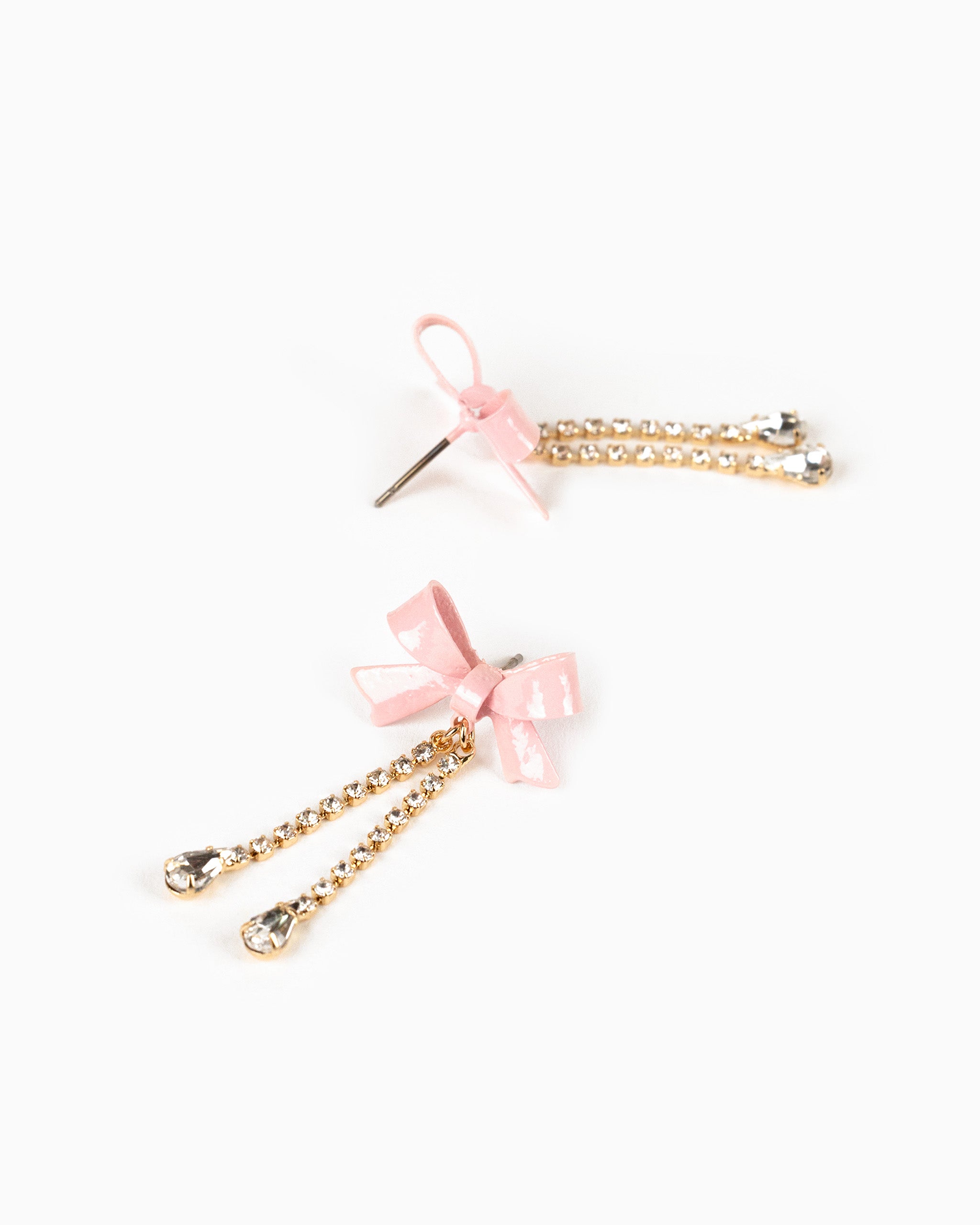Lacquer Color Bow Rhinestone Chain Drop Earrings-3