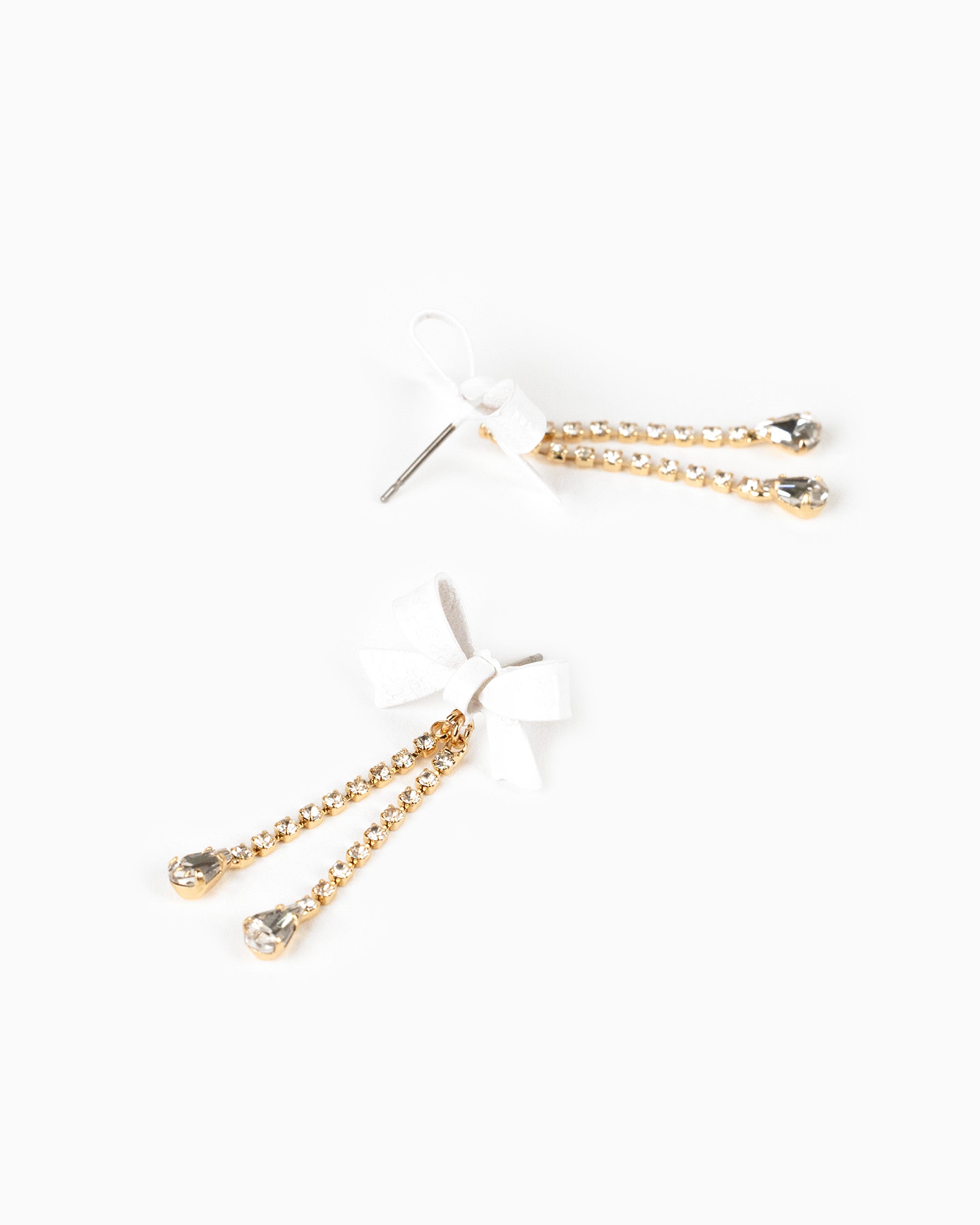 Lacquer Color Bow Rhinestone Chain Drop Earrings-4