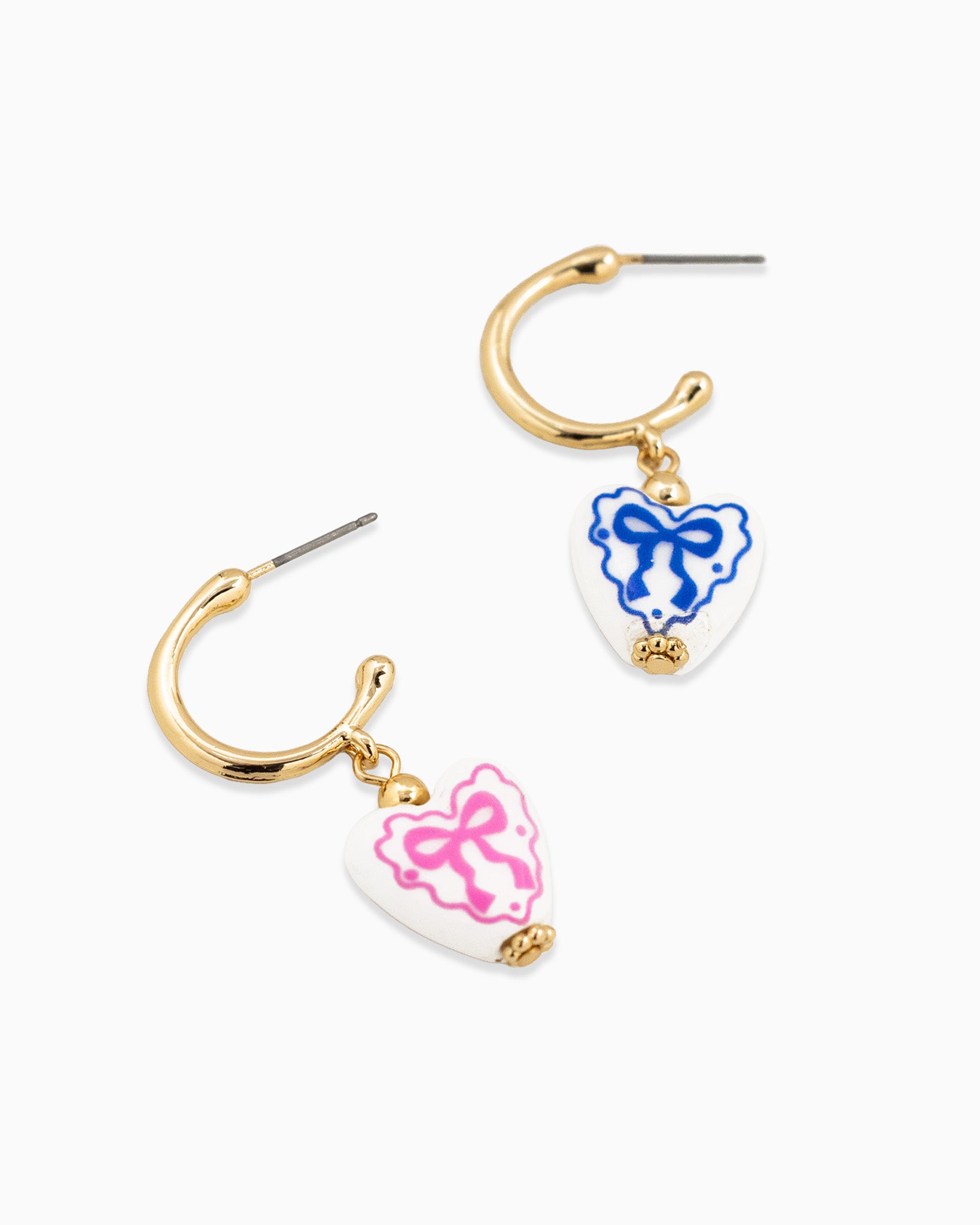 Ceramic Heart Bow Graphic Drop Hoop Earrings