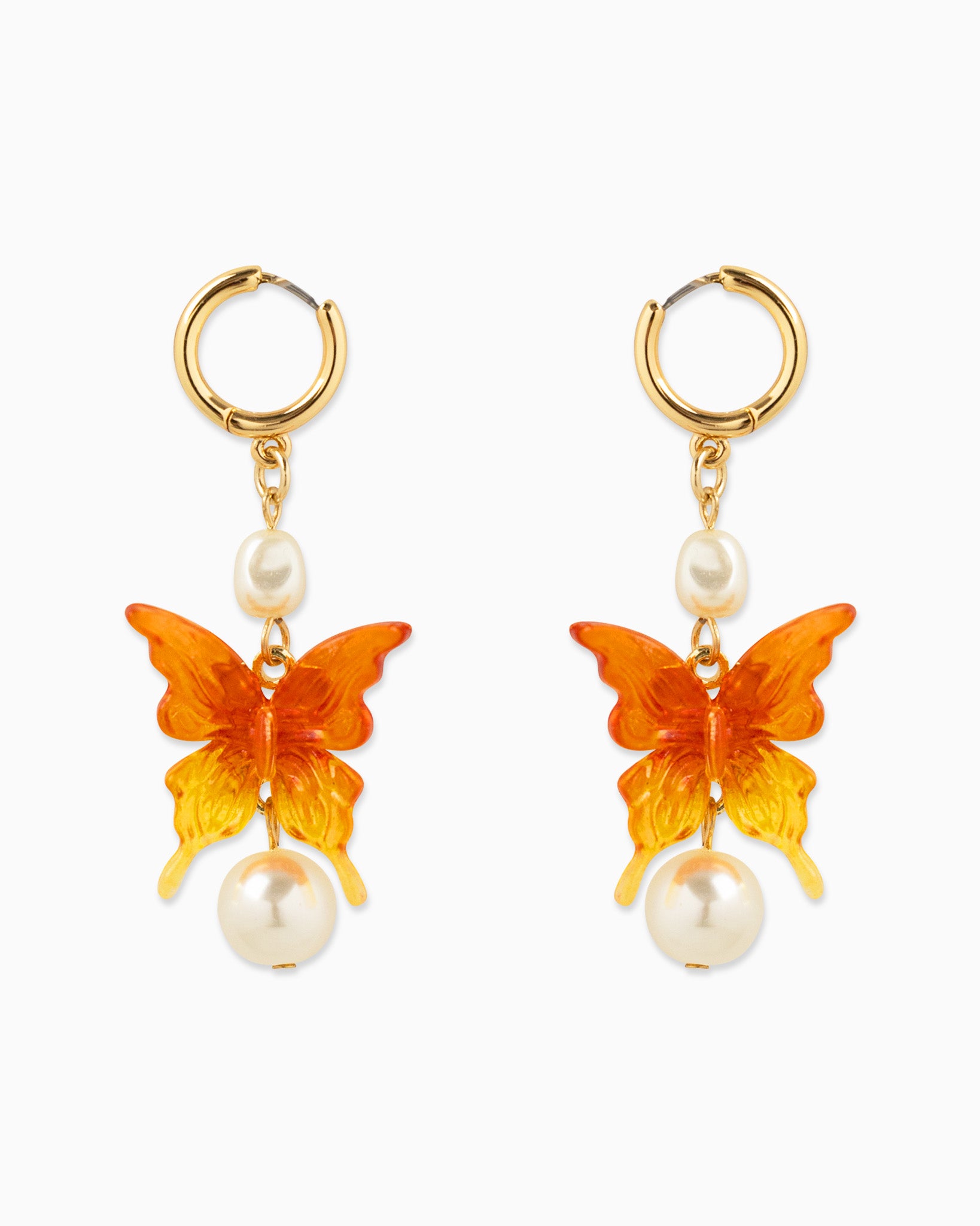 Bright Fire Butterfly Pearl Drop Hoop Earrings