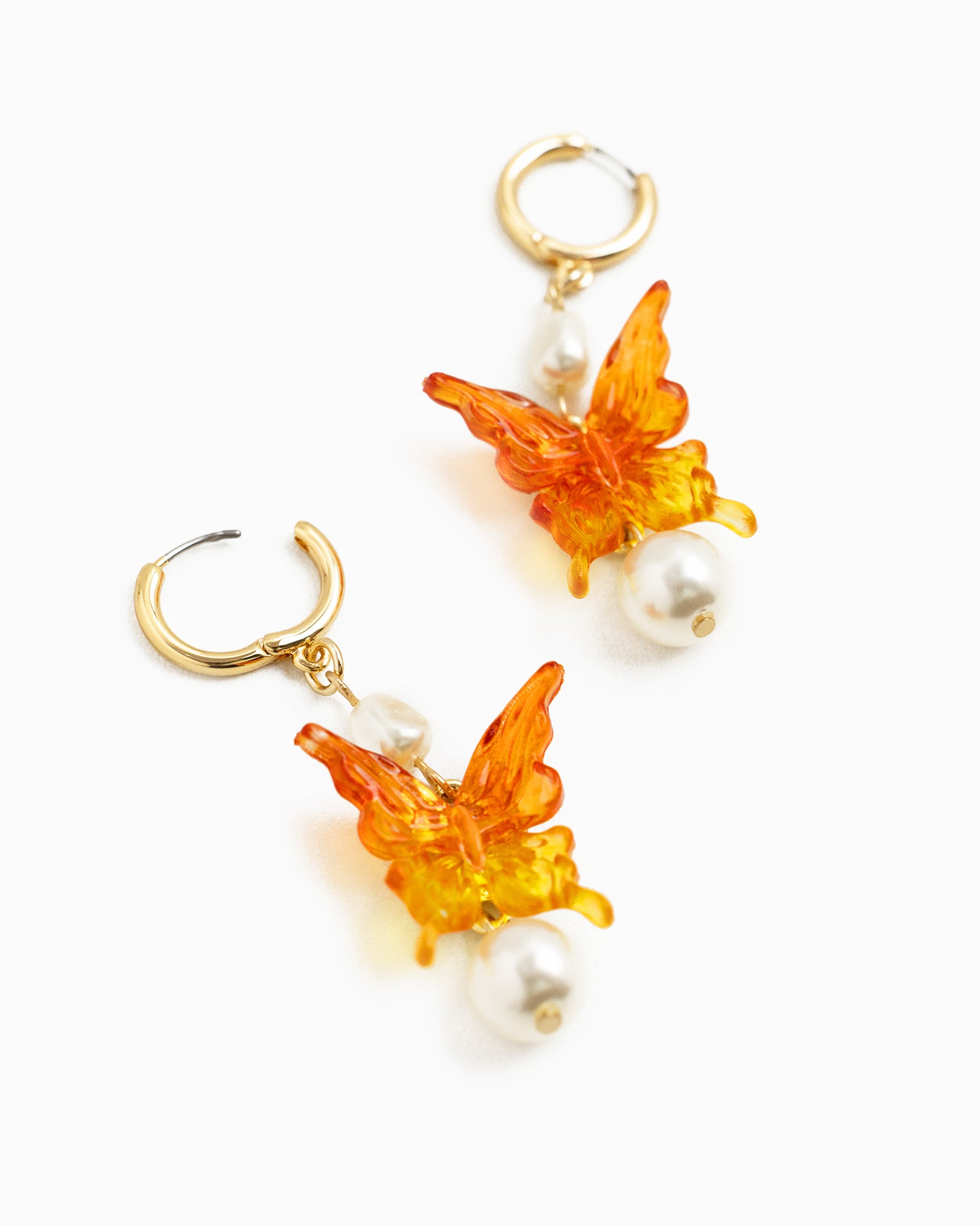 Bright Fire Butterfly Pearl Drop Hoop Earrings