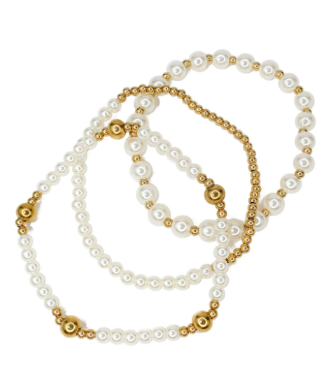 Stainless Steel 3-Piece Pearl & Gold Ball Stretch Bracelet Set