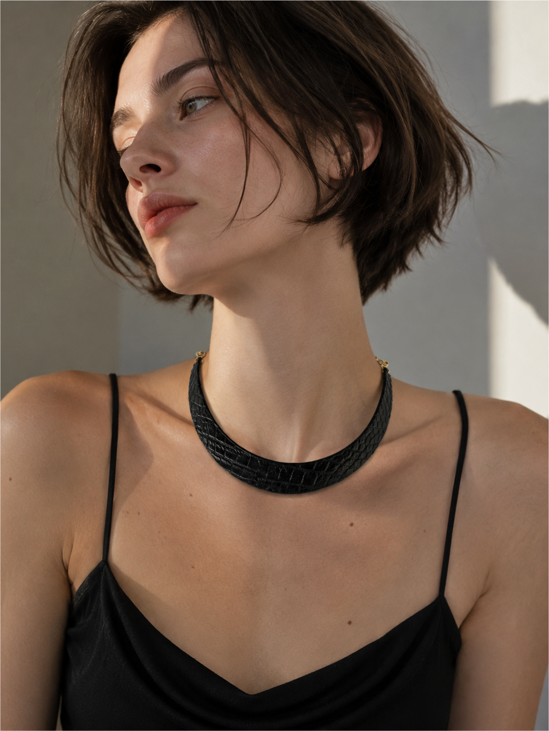 Genuine Leather Croc Textured Statement Choker Necklace-1