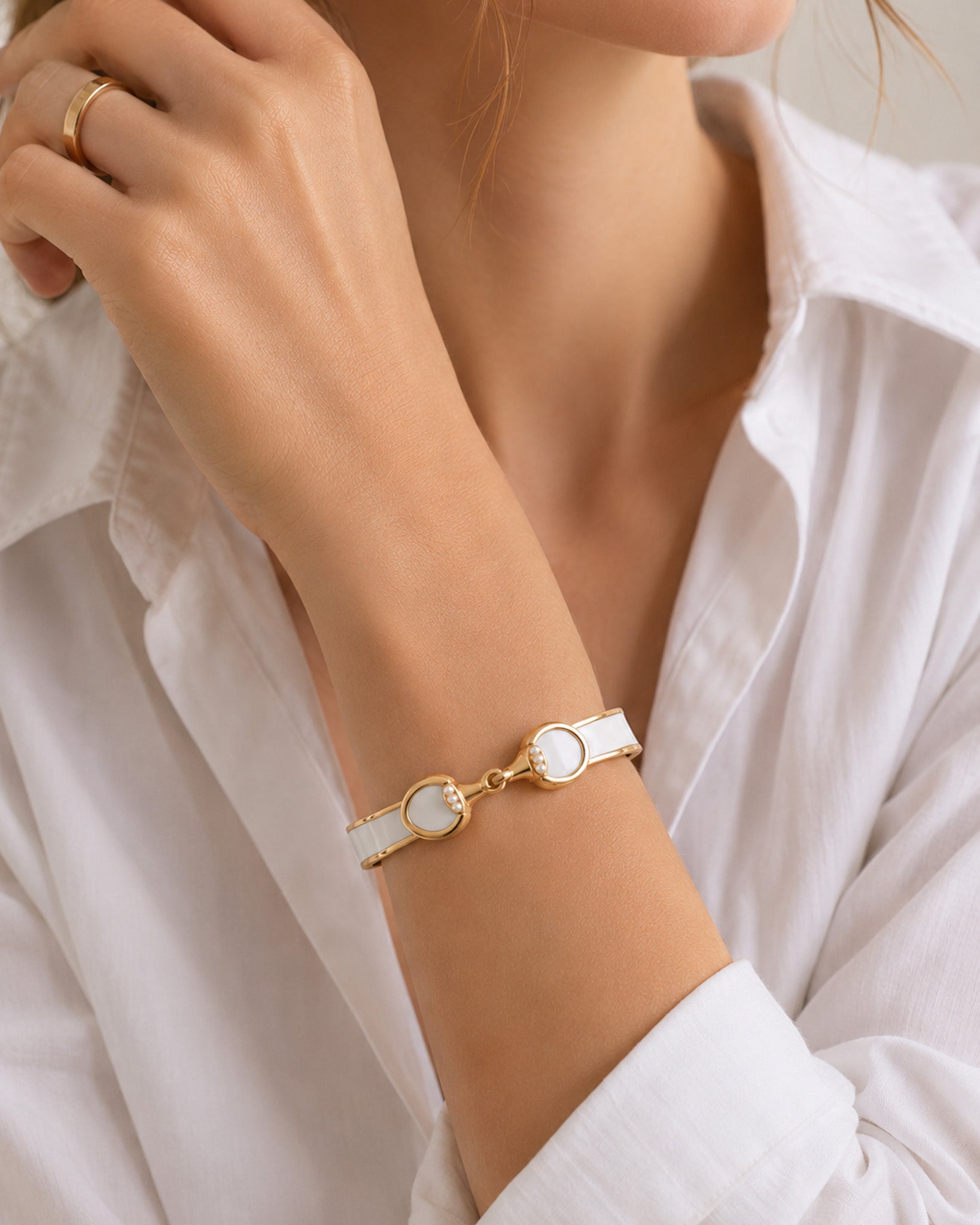 Derby Horse Bit Color Hinge Cuff Bracelet with Pearl