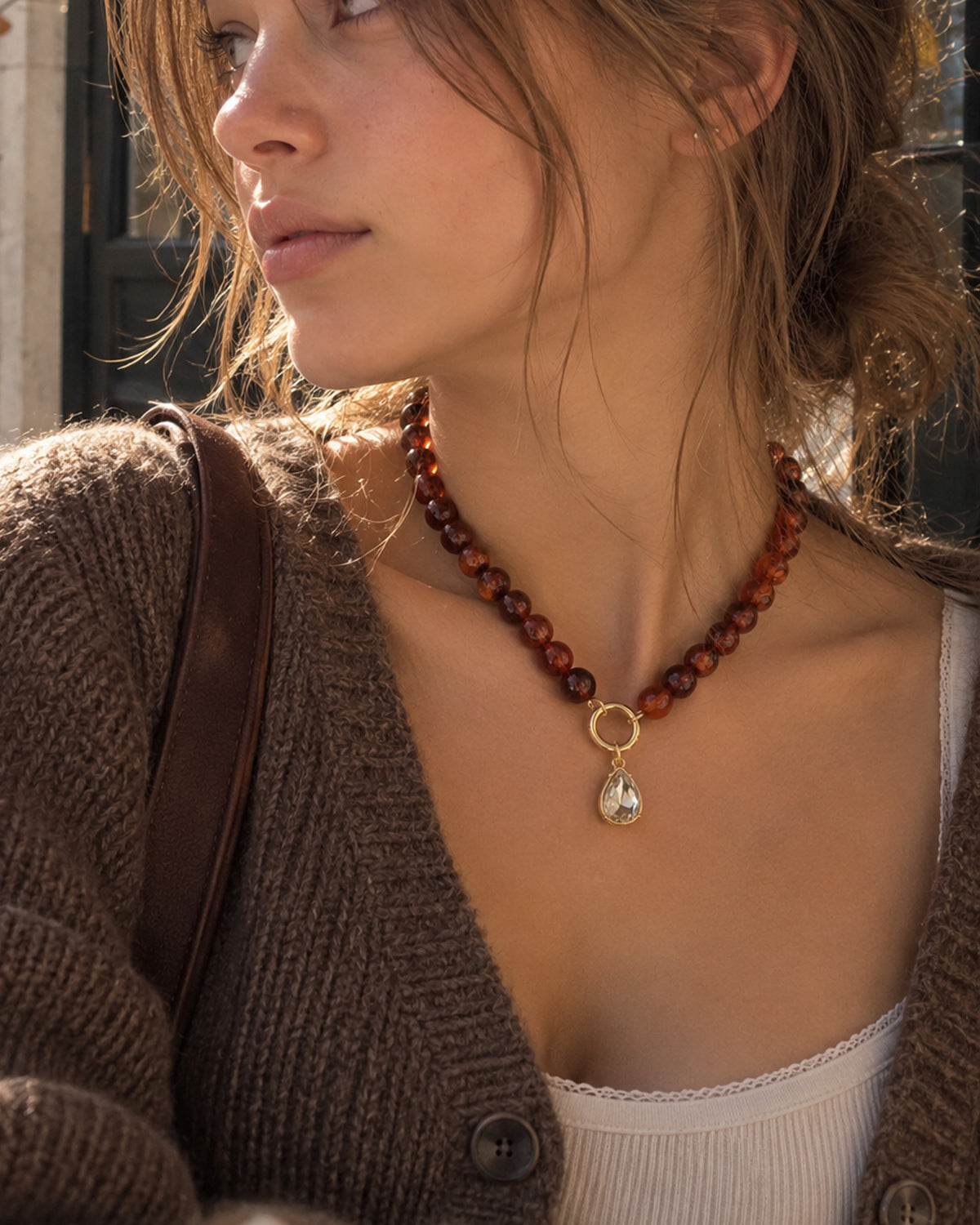 Marbled Bead Teardrop Charm Necklace