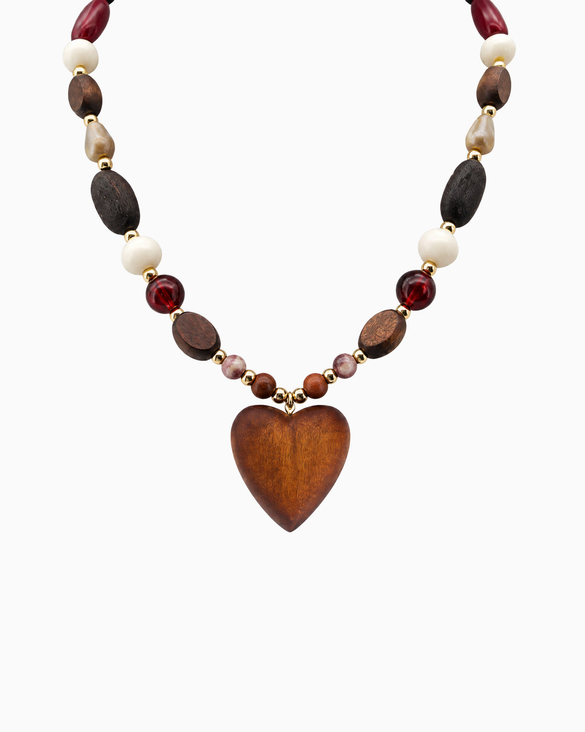 Wood Beaded Heart Pendant Necklace-2