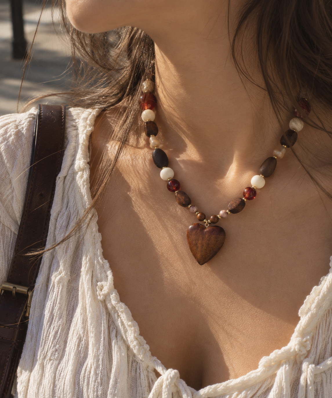 Wood Beaded Heart Pendant Necklace-1
