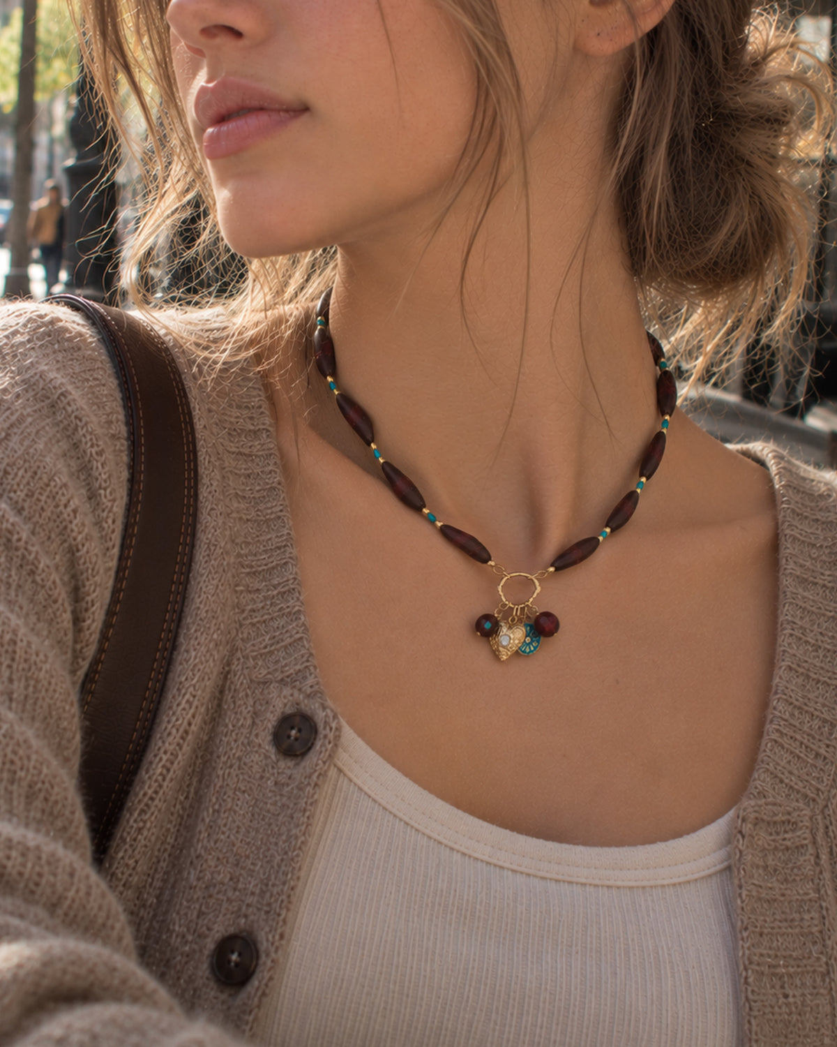 Wood Beaded Heart Charm Necklace-2