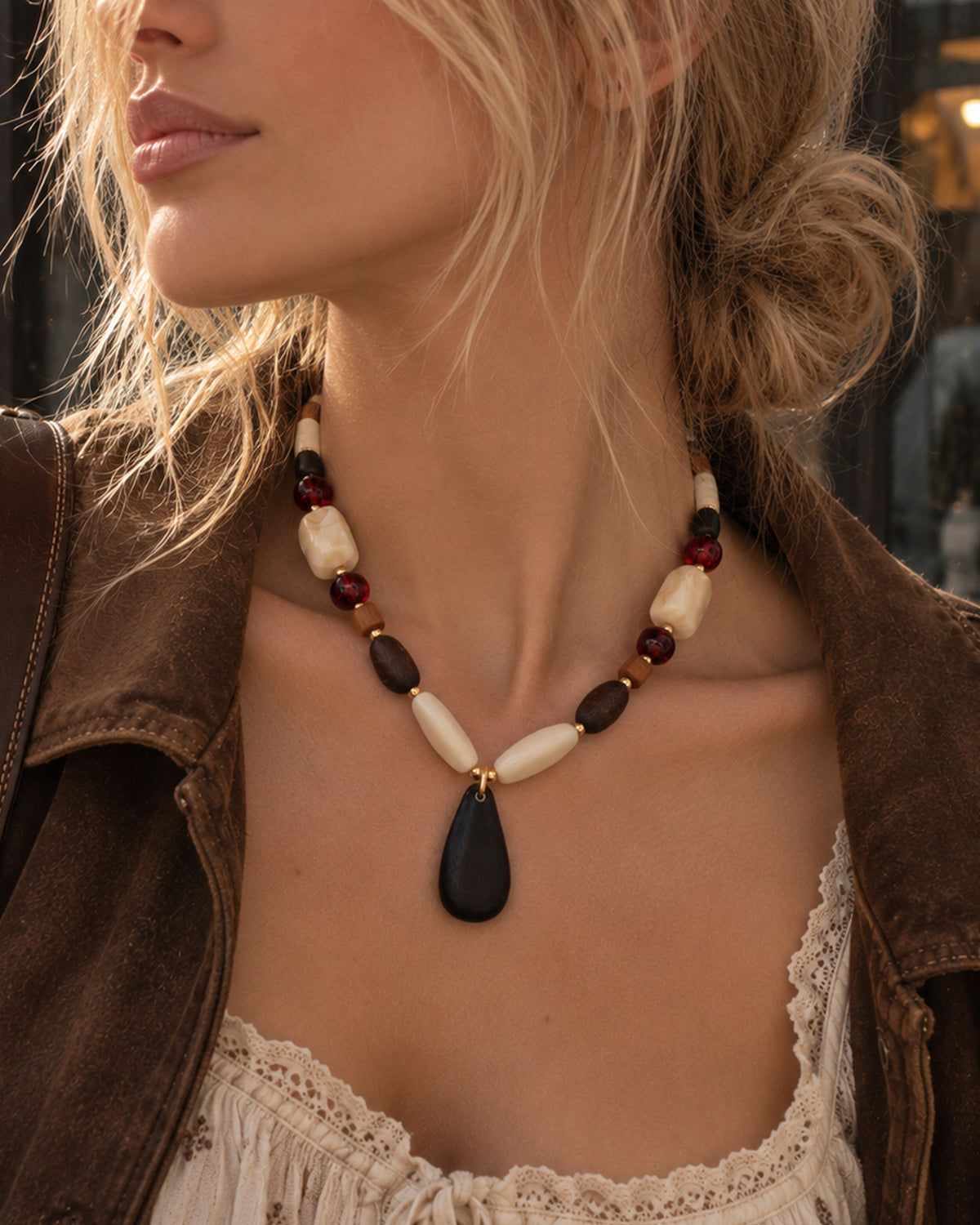 Wood Pendant Mixed Beaded Necklace-1