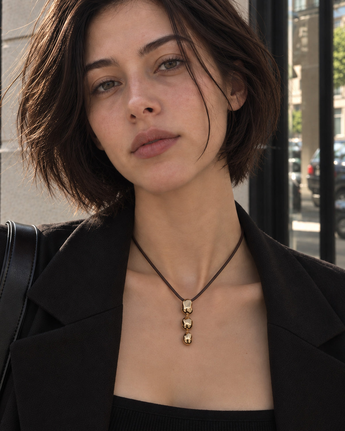 Pebble Link Pendant Wax Cord Necklace-2