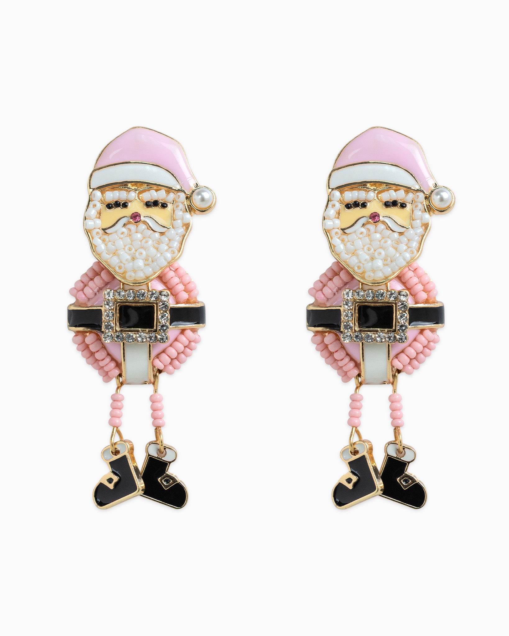 Christmas Pink Santa Dancing Beaded Dangle Earrings