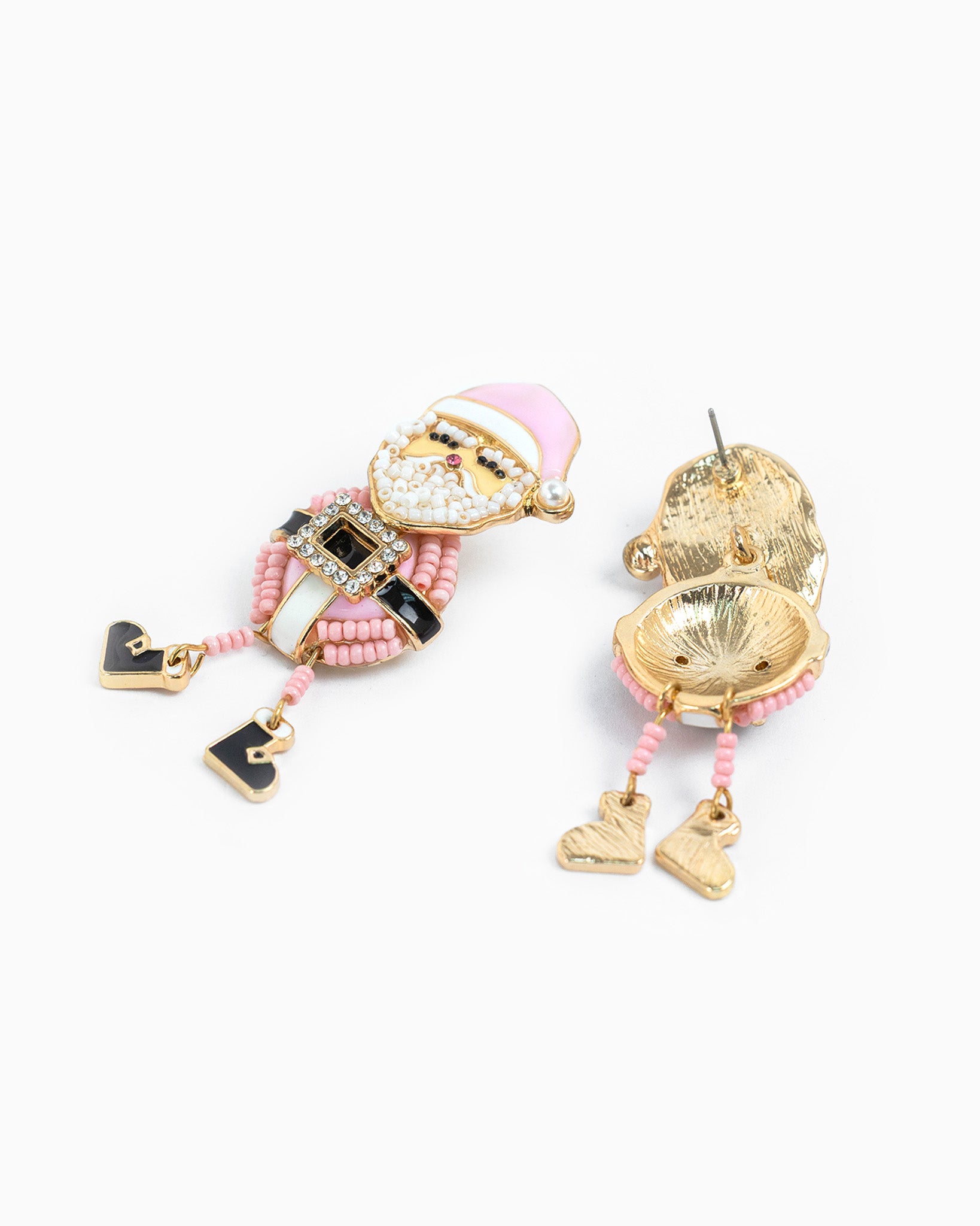 Christmas Pink Santa Dancing Beaded Dangle Earrings