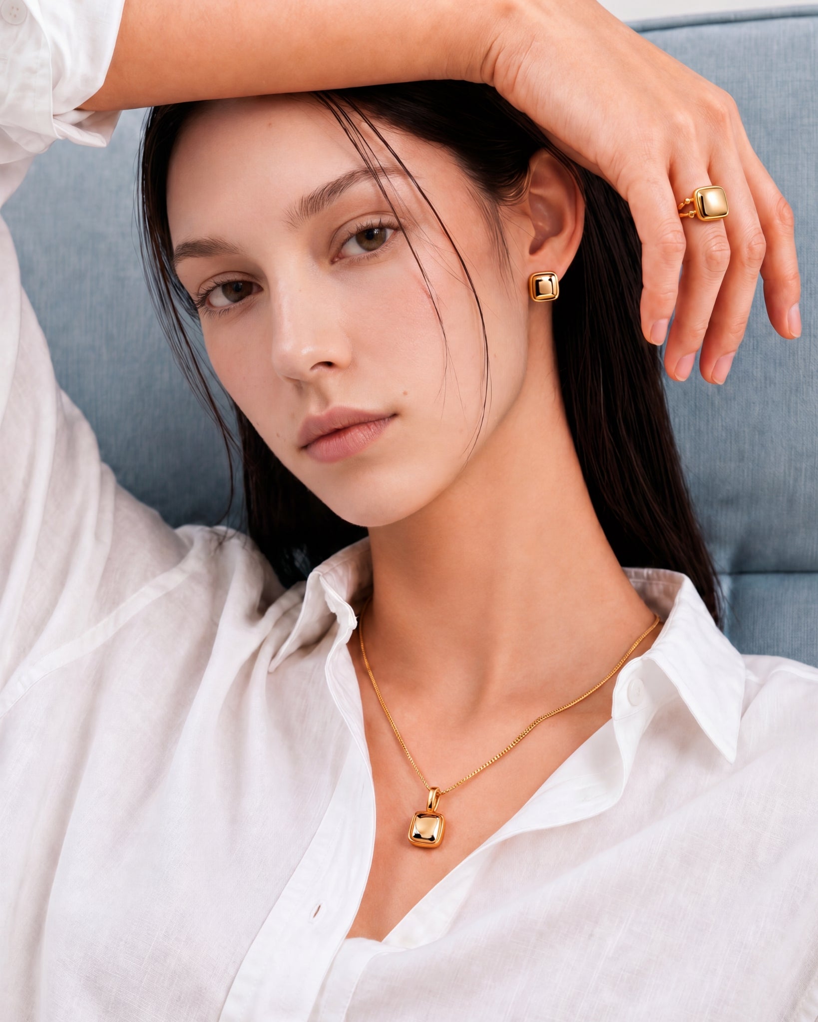 18k Minimal Customizable Cara Necklace, Earrings, Ring Set