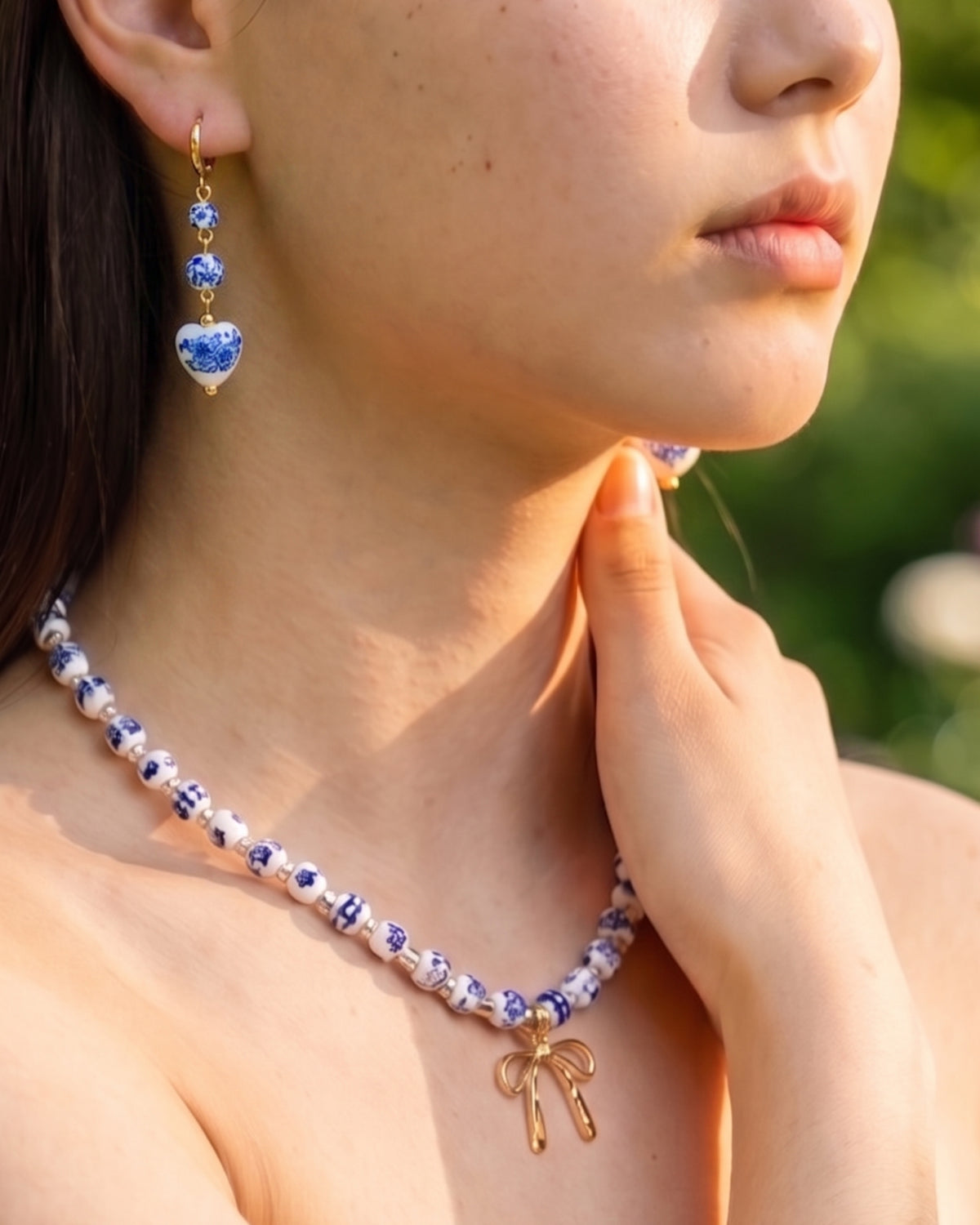 Ceramic Blue Bead Bow Pendant Necklace-5