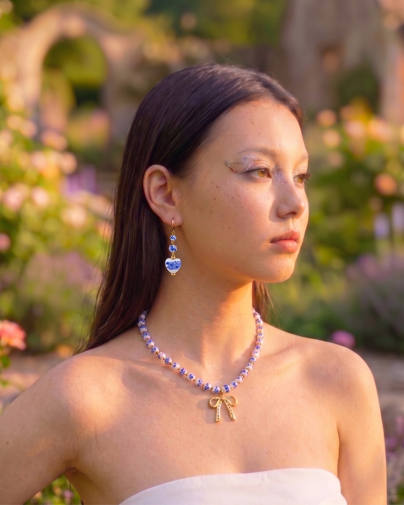 Ceramic Blue Bead Bow Pendant Necklace