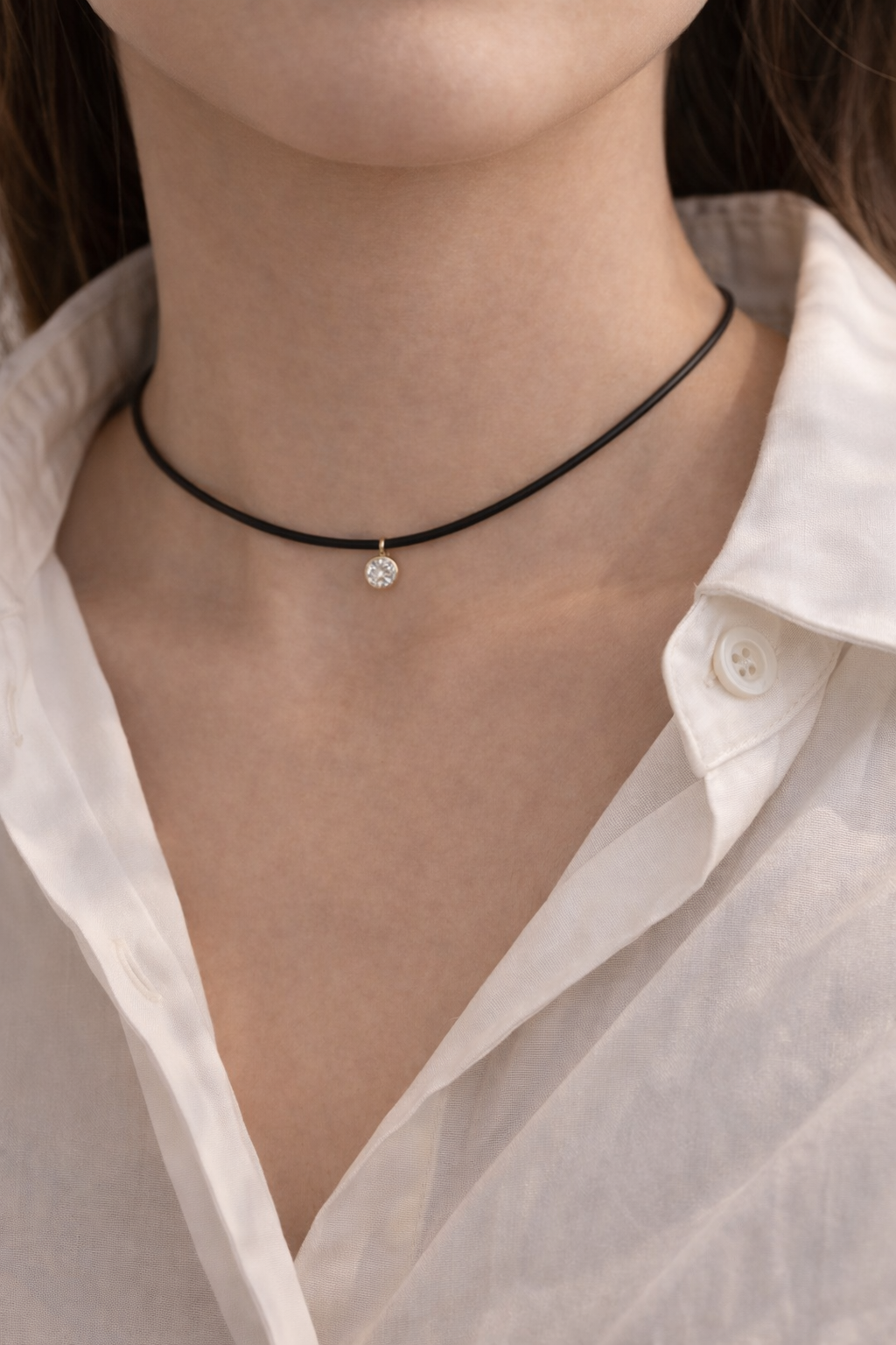 Stainless Leather Cord Mini Choker CZ Necklace