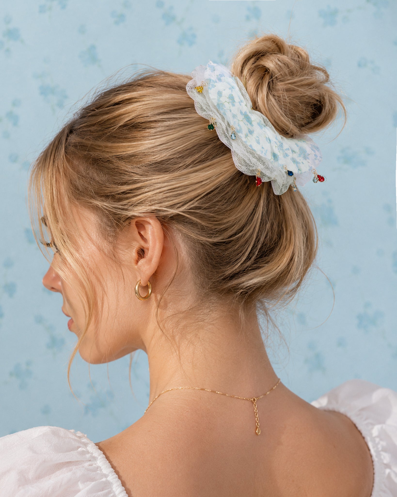 Blue Green Floral Mesh Charm Scrunchie Hair Tie