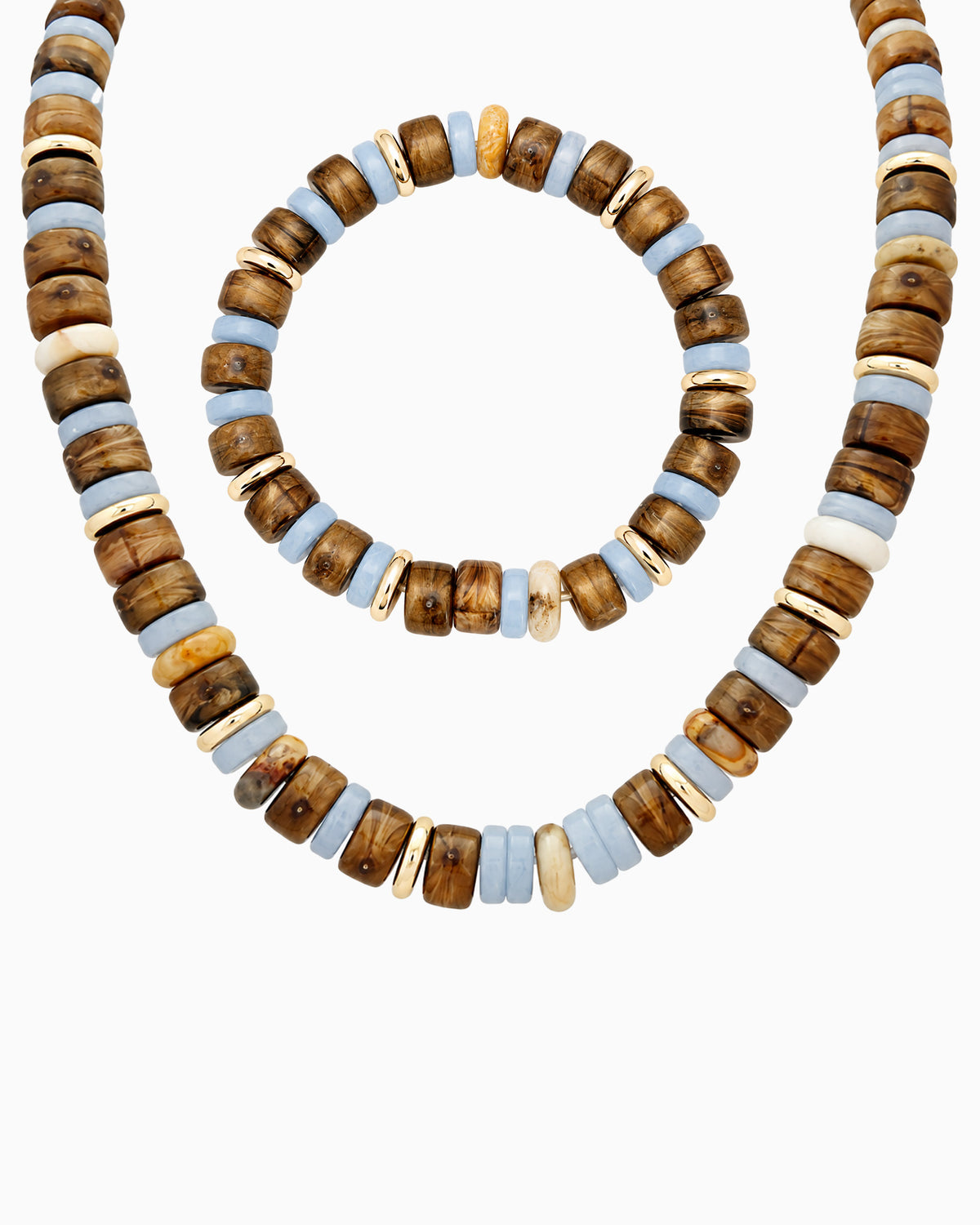 Set - Mixed Stone Gold Beaded Necklace & Stretch Bracelet