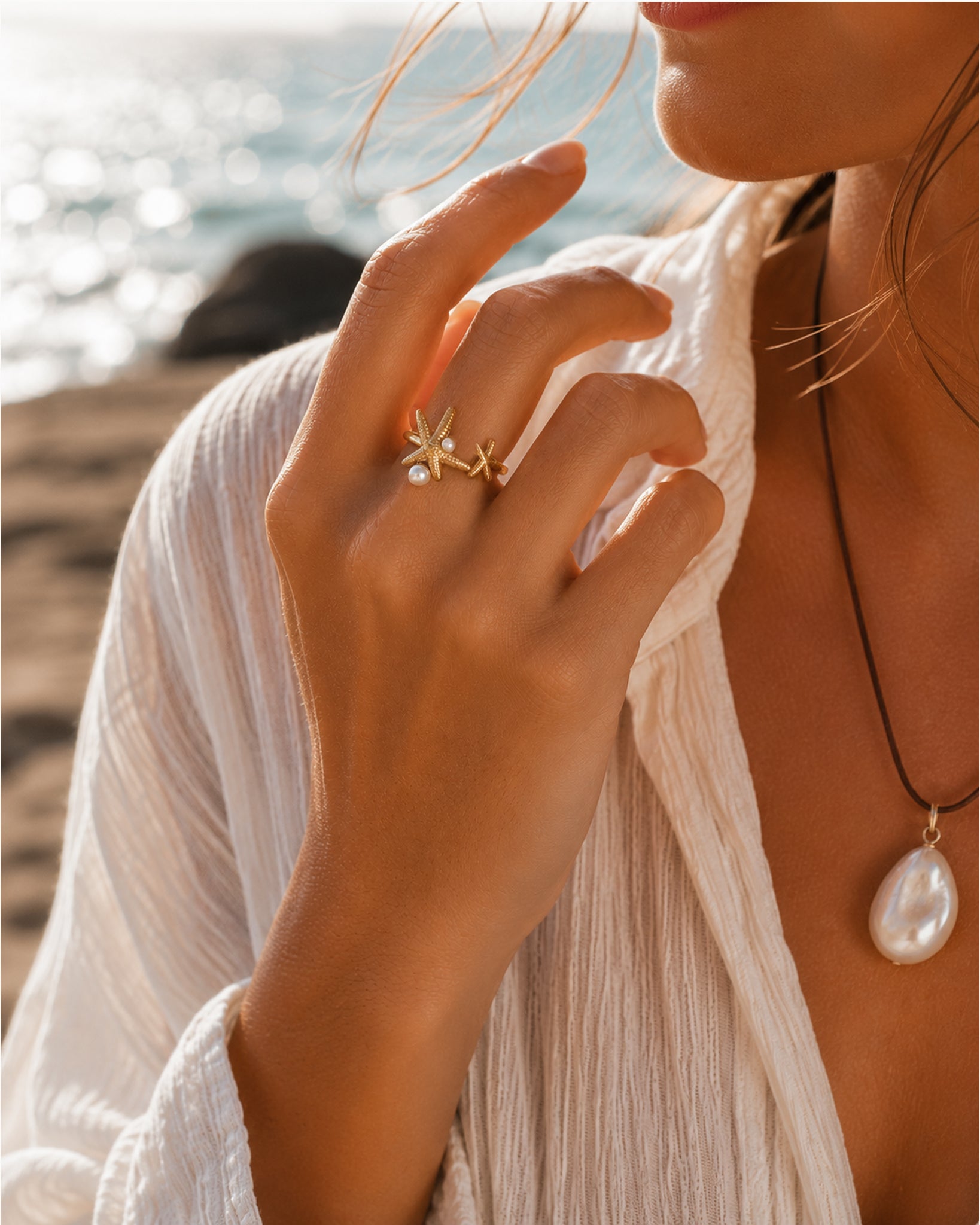 Coastal Pearl Starfish Open Ring