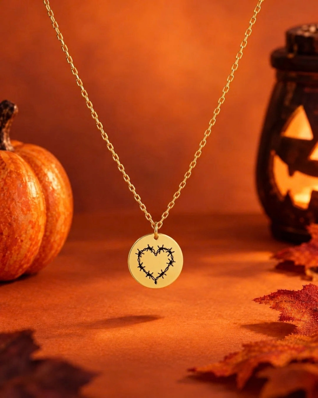 Gothic Punk Barbed Wire Love Heart Coin Pendant Necklace
