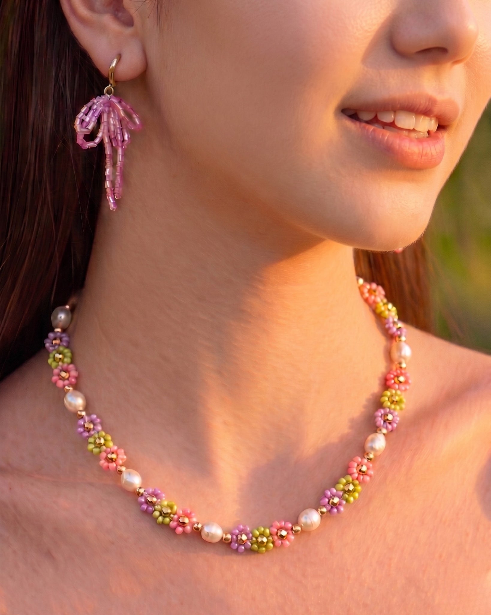 Tropical Flower Seed Bead and Pearl Necklace-2