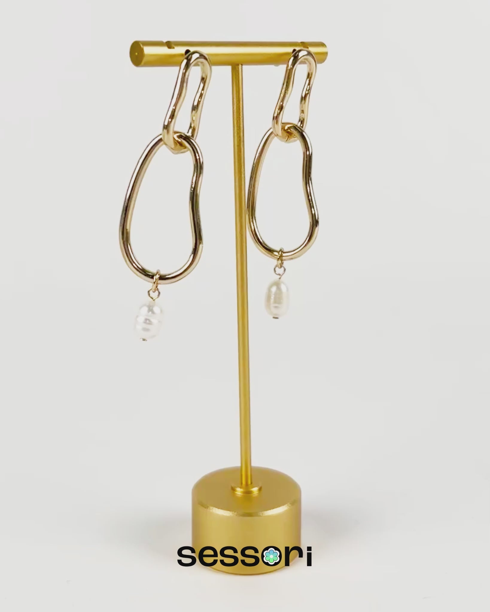 Abstract Gold Link Single Freshwater Pearl Drop Earrings