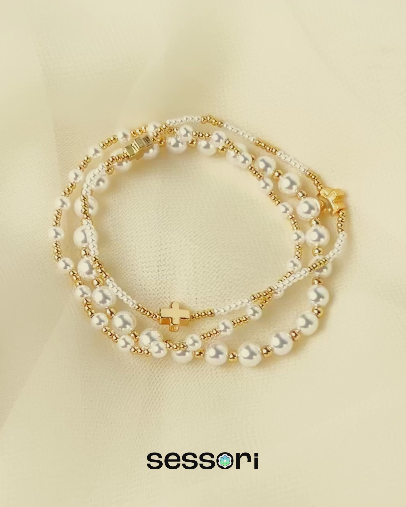 Gold Cross Pearl Bead Variety Stretch Bracelets, Set of 3