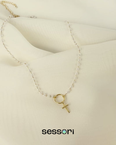 Dainty Cross and Circle Link Drop with Acrylic Pearl Chain Necklace