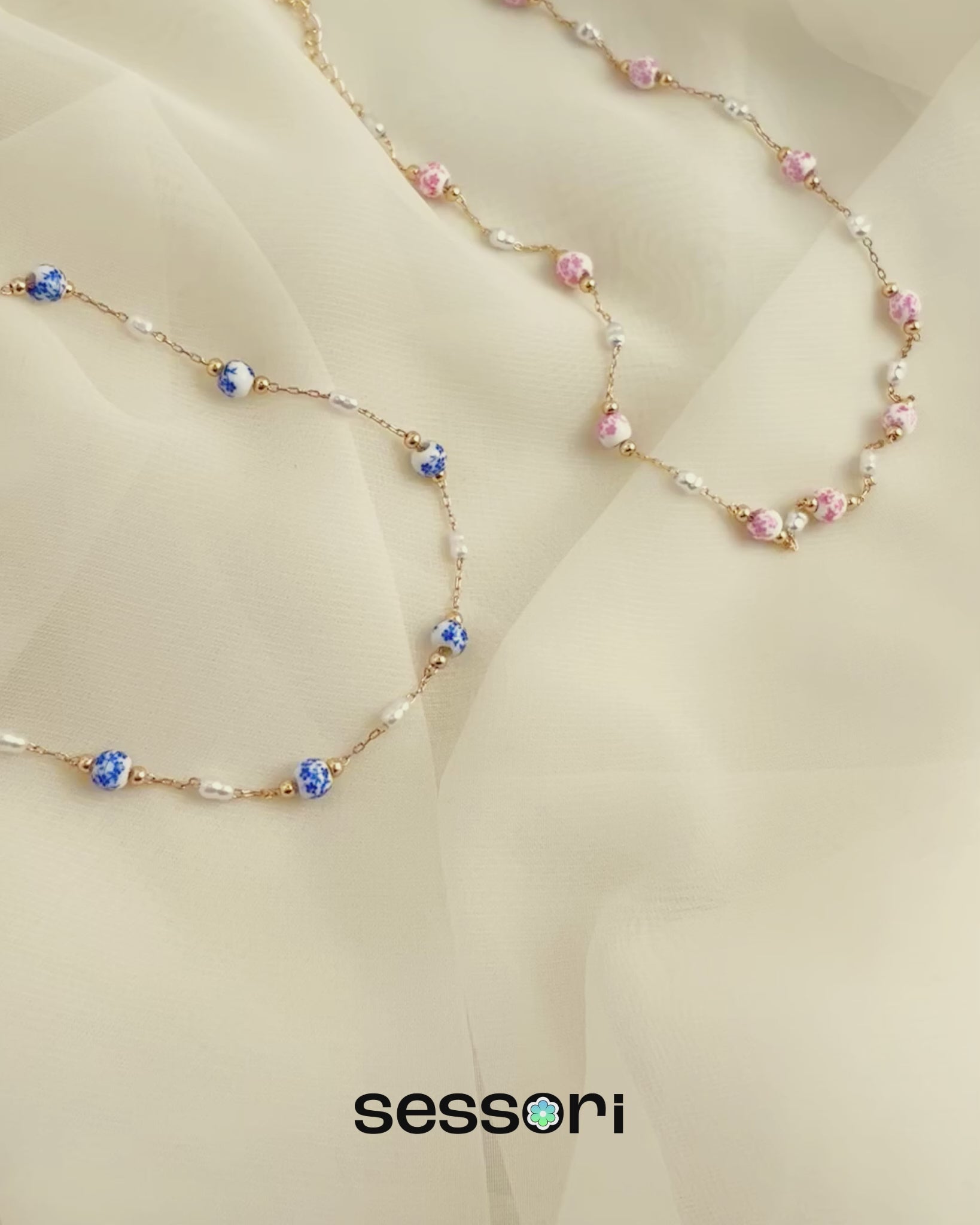 Ceramic Light Pink and Pearl Mix Bead Chain Necklace