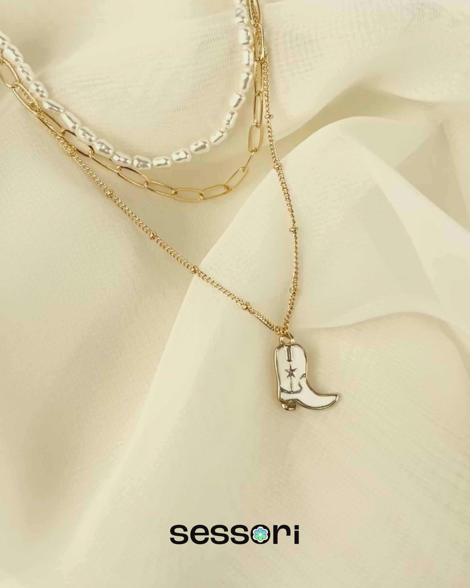 White Cowboy Boot Pendant with Pearl Bead Layered Necklace