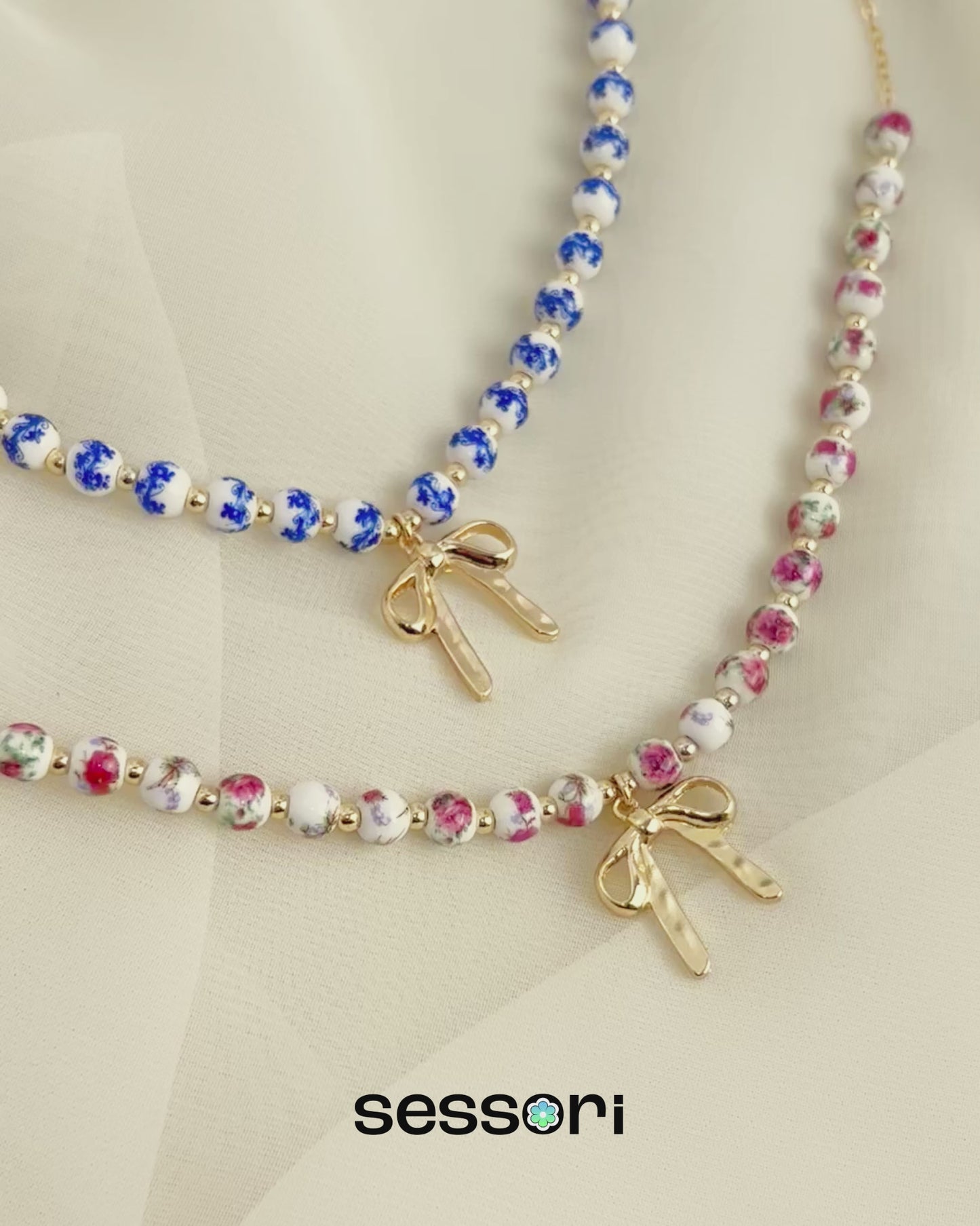 Ceramic Blue Bead Bow Pendant Necklace