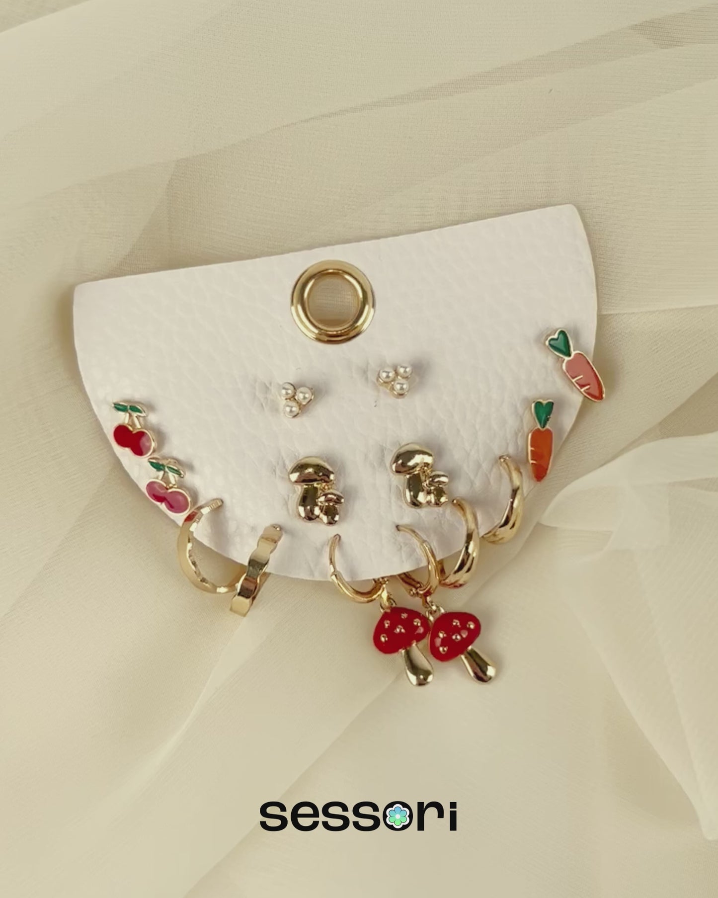 Red Mushroom, Carrot, Cherry, Pearl Studs and Hoop Earring Set, Set of 7