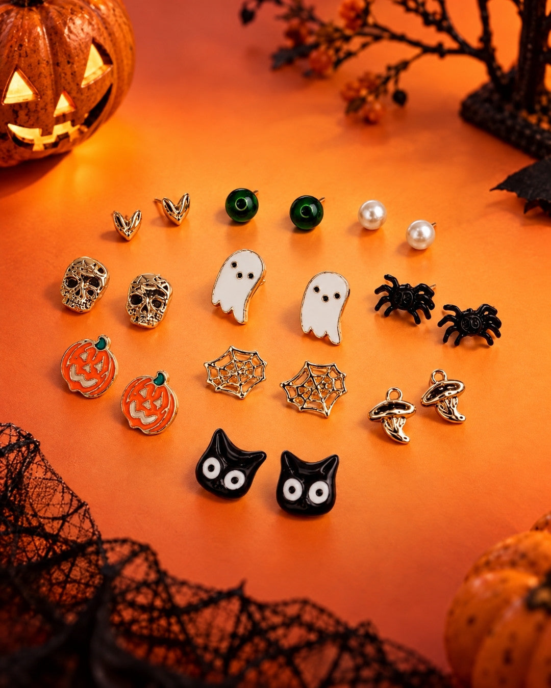 Cute Halloween Spooky Cat, Ghost Earring Set, Set of 10