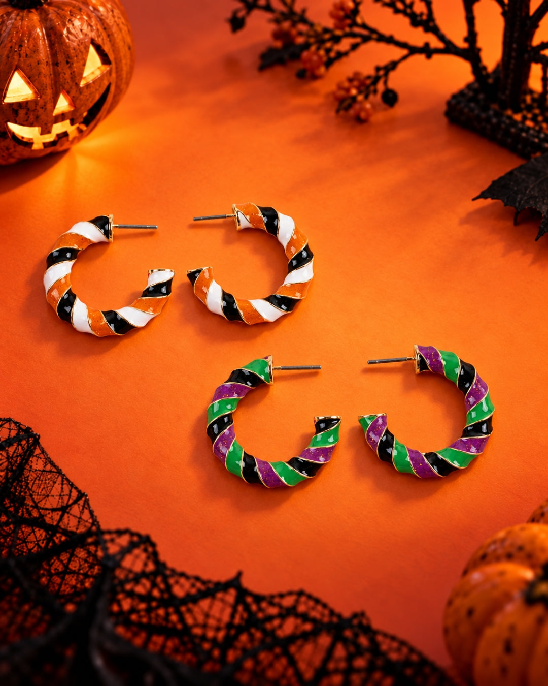 Halloween Color Twist Glitter Epoxy Medium Hoop Earrings